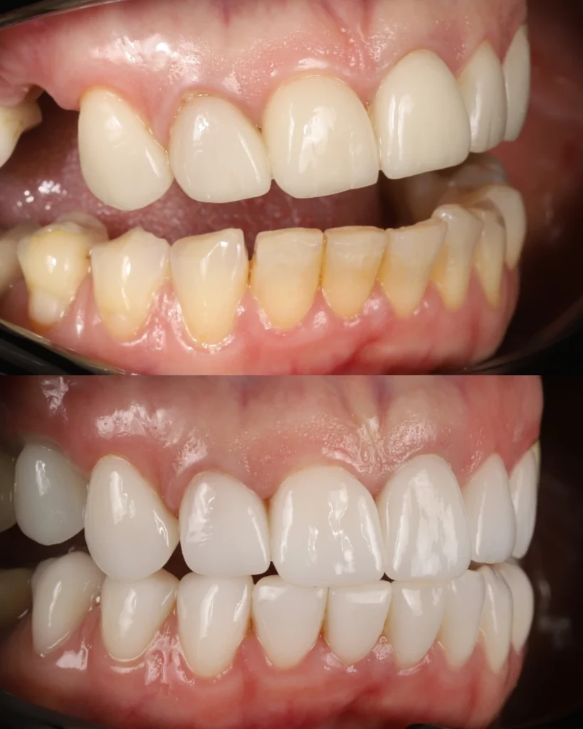 old veneers replacement and dental implant with zirconia crown